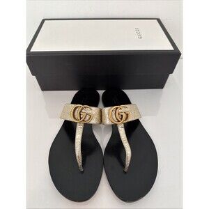 Gucci GG Gold Marmont Leather Thong Sandals Flat Shoes Authentic EU 37 US 7